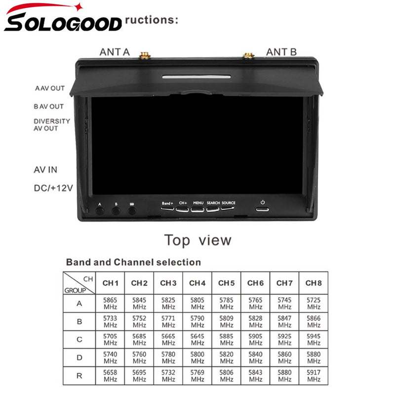 SoloGood LCD5802S 5802  5.8G 40CH 7 Inch Raceband FPV Monitor 800x480 NO DVR Build-in Battery Video Screen For FPV Multicopte