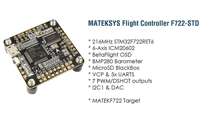 Matek Systems F722-STD F7 Flight Controller Features STM32F722RE, ICM20602, BMP280,BFOSD, Blackbox Micro SD Card Slot DShot ESC