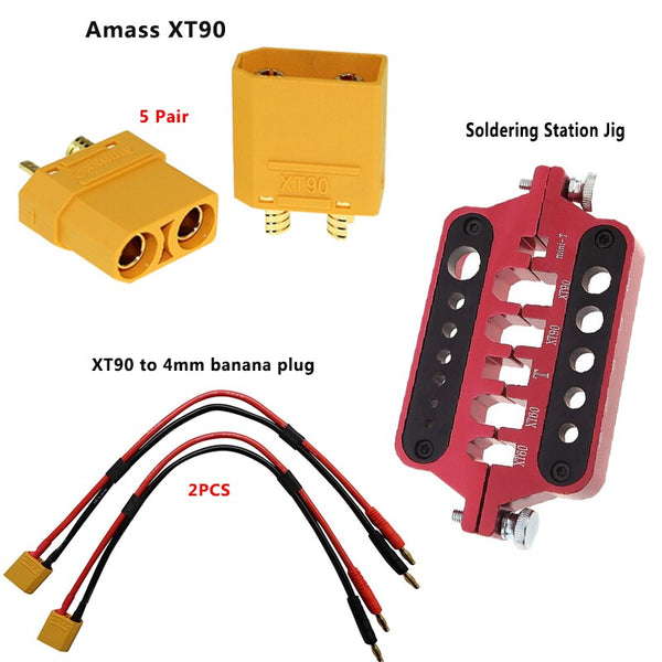 Amass 5 Pair XT90 Male Female Bullet Connectors Power Plugs Power+XT90 Connector Plug To 4mm Banana Plugs+Soldering Station Jig